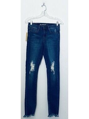 Machine Distressed Skinny Jeans WMN SZ 5 28 Blue Stretch Raw Hem NWT Juniors